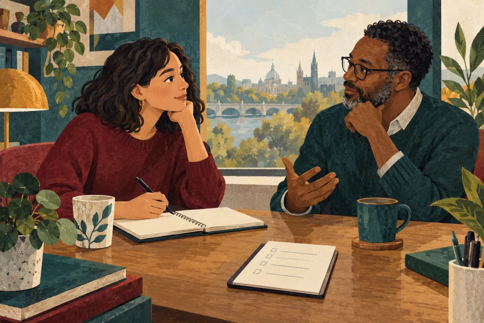 Editorial illustration: a mentor and mentee meet with a small agenda and a shared notebook, listening with equal attention.