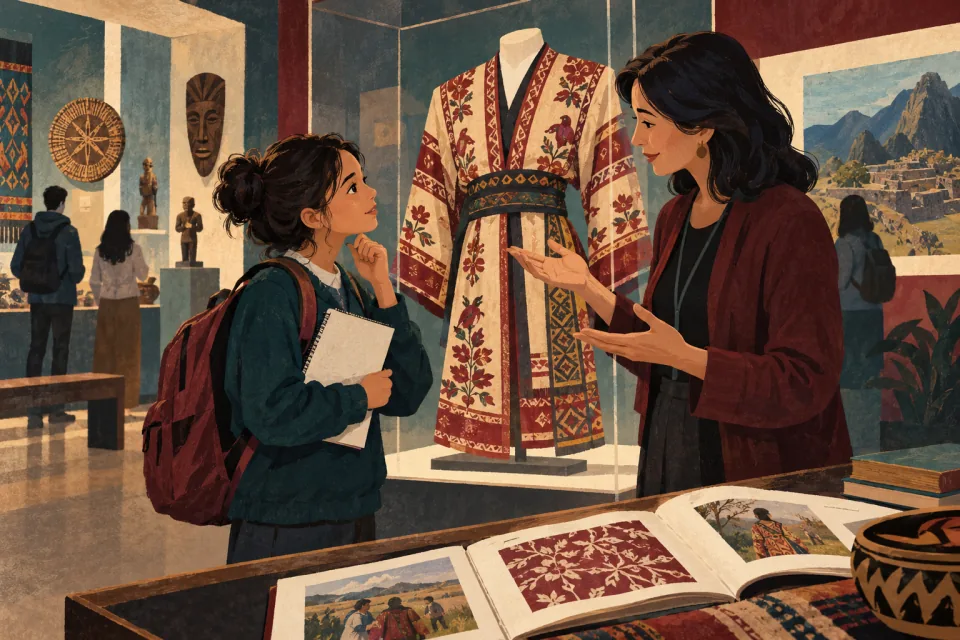Editorial illustration: a student and teacher thoughtfully discuss a meaningful garment beside a museum display, with respect and curiosity rather than costume caricature.