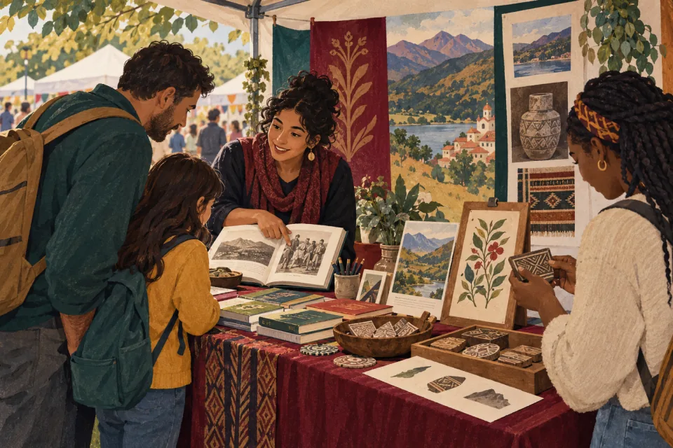 Editorial illustration: a community festival booth invites visitors to listen to stories and handle learning materials, with books and art rather than decorative stereotypes.