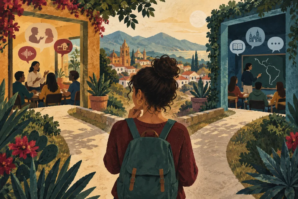 Editorial illustration: a heritage language learner compares two classroom pathways, one building existing listening knowledge and another starting from scratch.