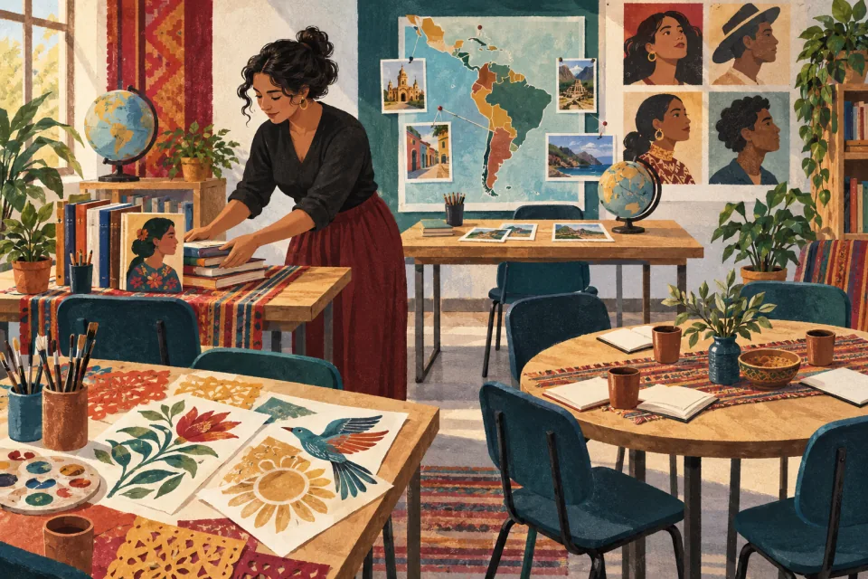 Editorial illustration: a teacher prepares four varied classroom stations for heritage learning using books, maps, art and conversation.