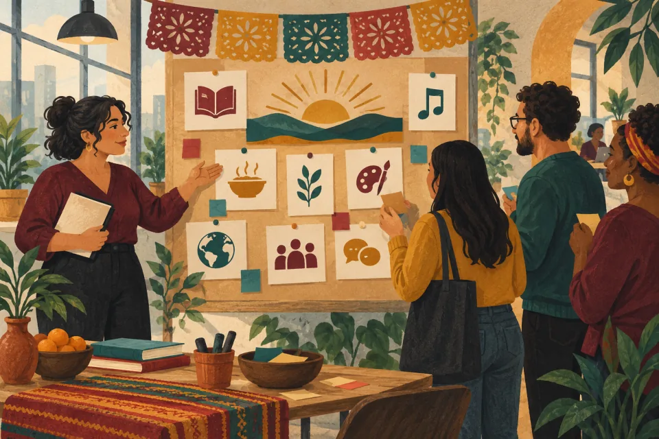 Editorial illustration: a workplace heritage event is planned around an open invitation board while colleagues choose freely how to participate.