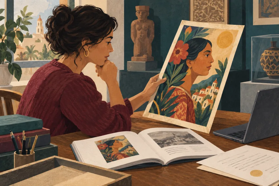 Editorial illustration: an educator examines an archival poster beside a museum catalog and a permission note before using the image.