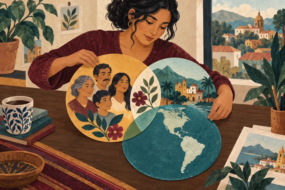Editorial illustration: a person thoughtfully arranges overlapping identity circles with family portraits and a map, showing that labels and nationality differ.