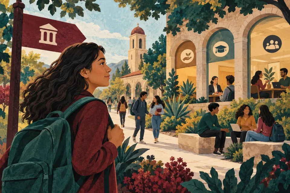 Editorial illustration: a prospective student looks beyond a college label toward real support offices and students on campus.