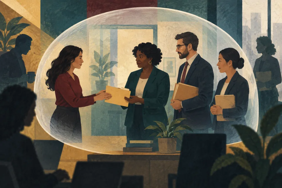 Editorial illustration: a private complaint folder passes through a small necessary group of people, with a translucent privacy boundary around the process.