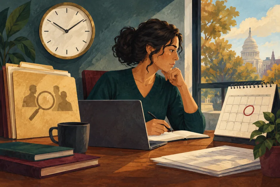 Editorial illustration: a wall clock continues moving beside an internal investigation folder while a worker checks an independent deadline calendar.