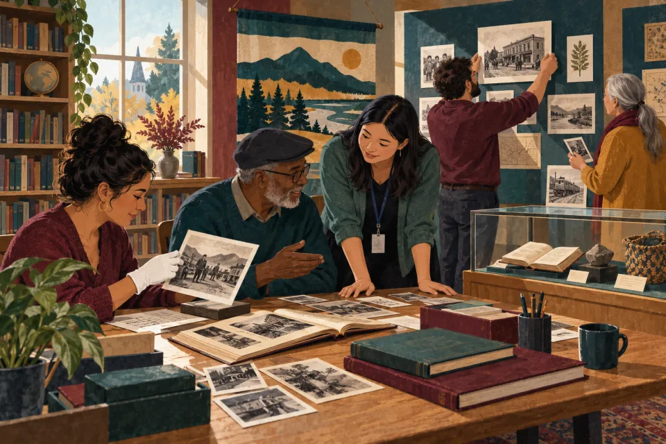Editorial illustration: community members and a librarian curate a small heritage exhibit with carefully selected photographs, books and oral histories.