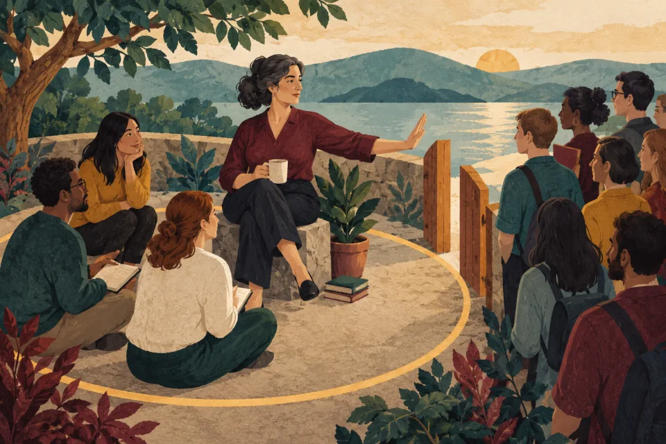 Editorial illustration: an experienced mentor sets a reasonable boundary around a full calendar while welcoming a manageable number of mentees.