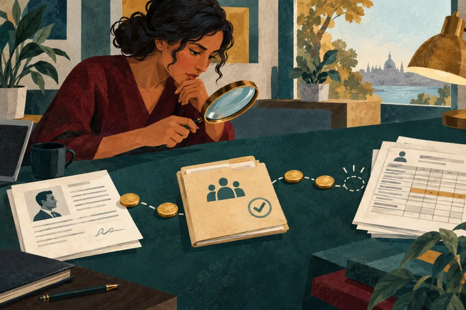 Editorial illustration: an employee follows a missing compensation entry through payroll sheets, an approval folder and a small trail of coins.