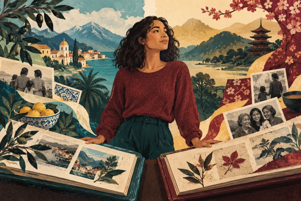 Editorial illustration: a person stands comfortably at the meeting point of two family photo albums and cultural story threads.