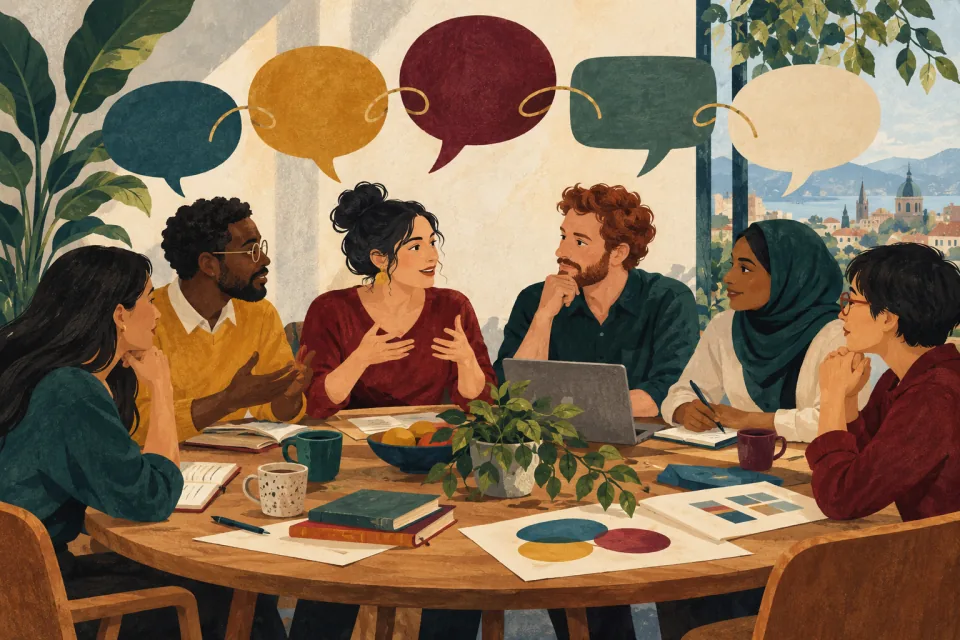 Editorial illustration: a multilingual team creates a shared conversation space around a table, with different speech shapes linked together.