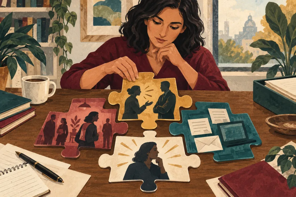 Editorial illustration: a worker organizes separate puzzle pieces of behavior, context and evidence to understand a difficult workplace interaction.