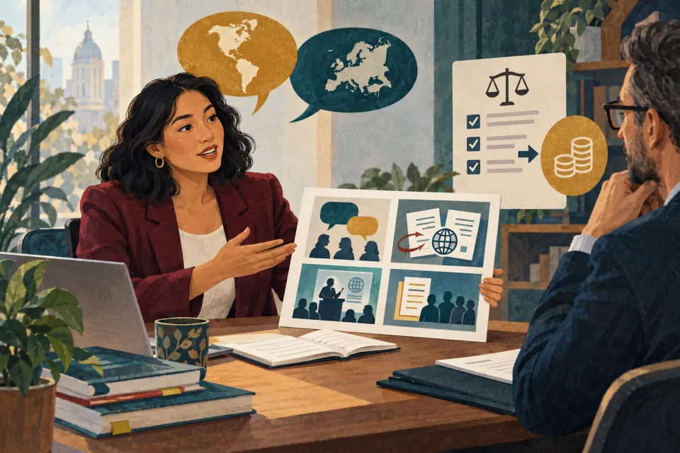 Editorial illustration: a bilingual employee presents the value of their language work using completed projects and a fair compensation discussion.