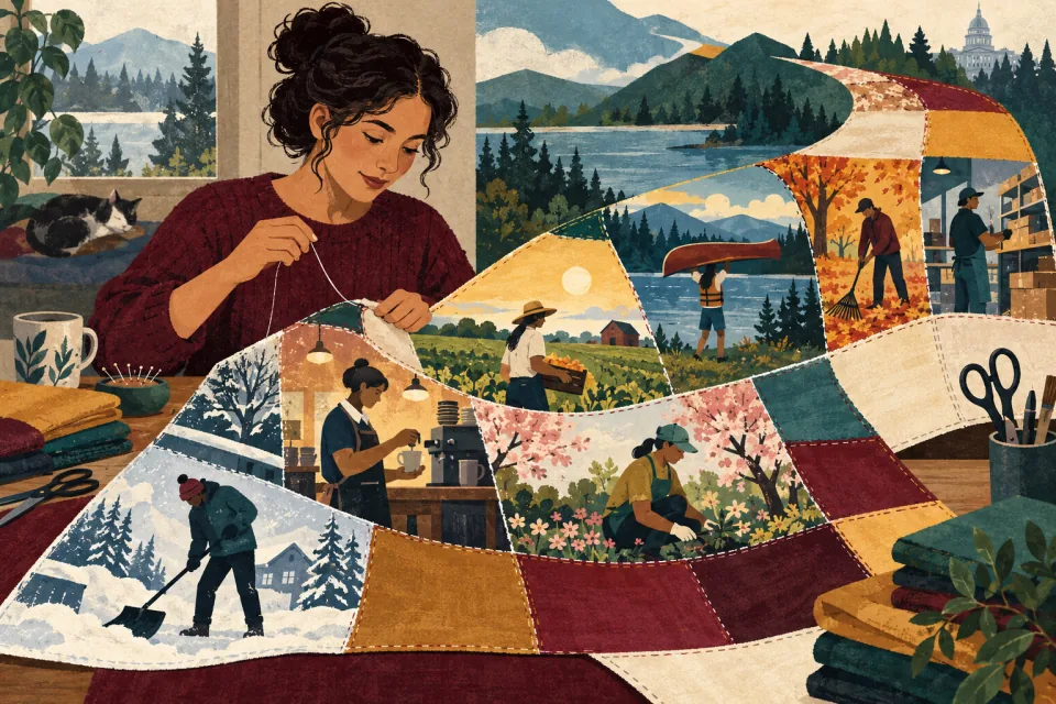 Editorial illustration: a calendar quilt of short seasonal jobs and part-time shifts is carefully assembled into a continuous work history.