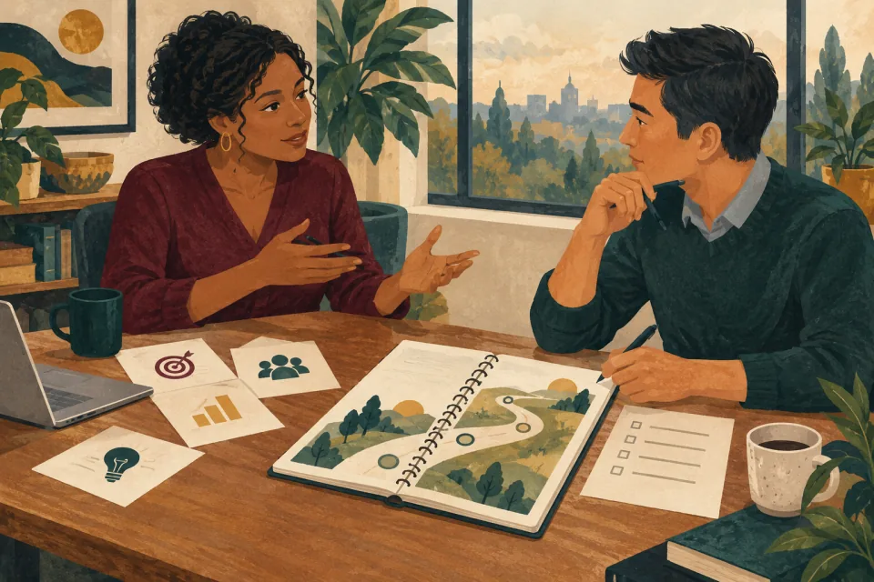 Editorial illustration: a worker listens to specific promotion feedback and marks a realistic development path with a manager.
