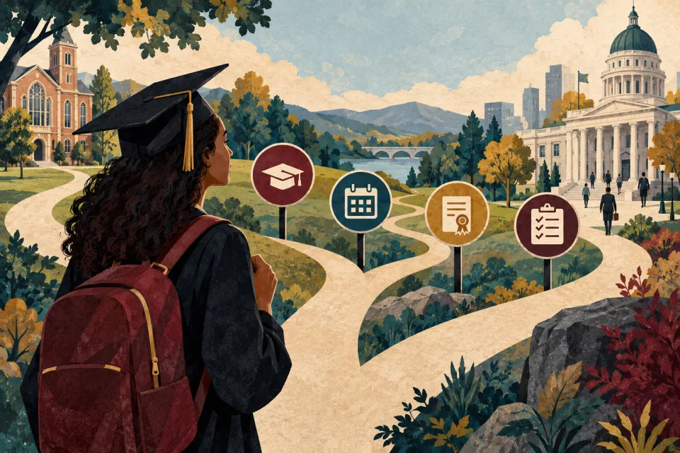Editorial illustration: a recent graduate studies a branching path from university toward an entry-level public-service office.
