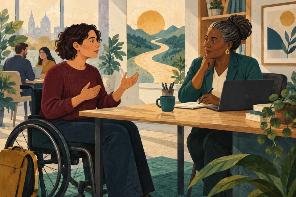 Editorial illustration: a new employee at the beginning of a work path asks for an accessible adjustment with the same dignity as established colleagues.