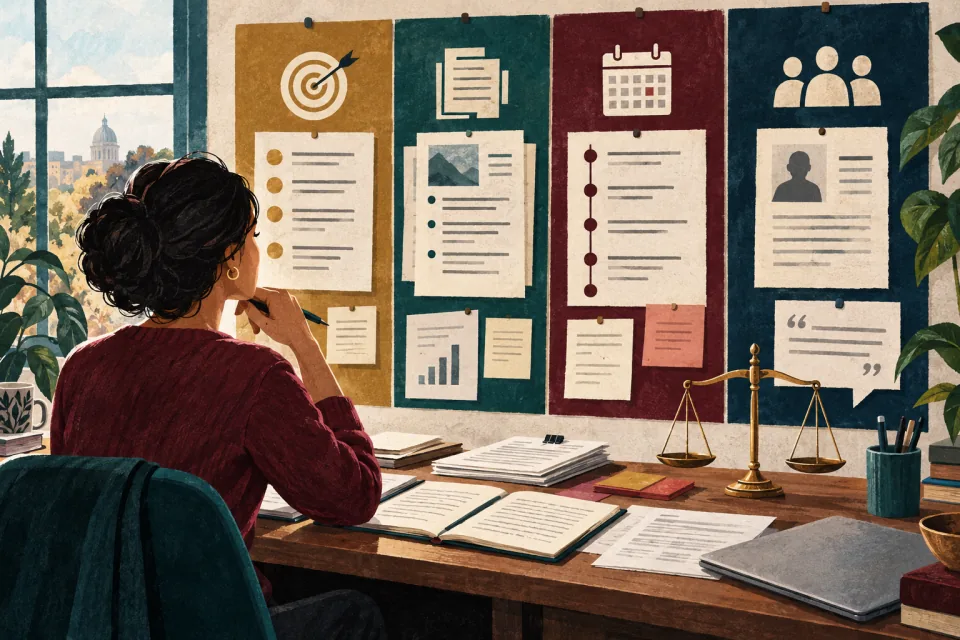 Editorial illustration: an employee compares promotion criteria, documented work and decision records on a balanced evidence board.