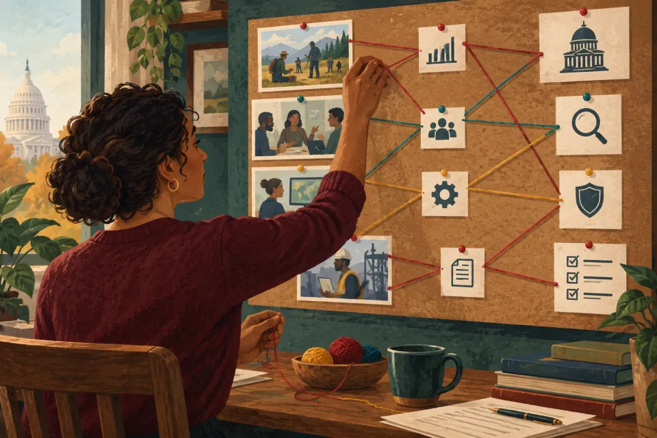 Editorial illustration: a job applicant connects specific examples from past projects to matching requirements with colored threads on a pinboard.