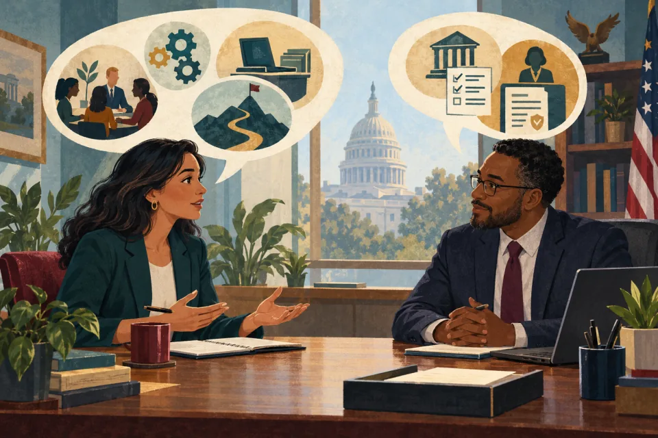 Editorial illustration: a candidate and interviewer exchange thoughtful speech shapes while examining a workspace and role expectations.
