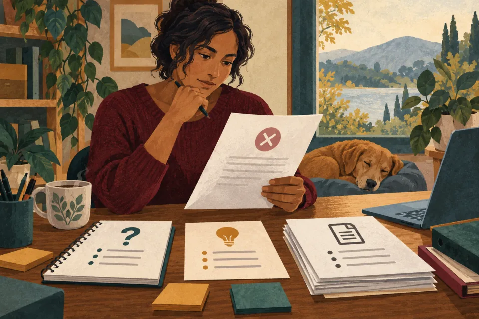 Editorial illustration: an employee reviews a denied accommodation request and organizes questions, practical alternatives and supporting documents.