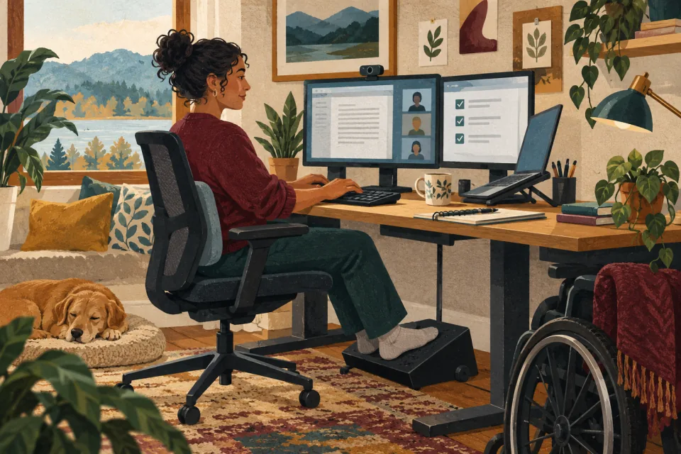 Editorial illustration: a worker demonstrates how specific duties can be done effectively from an adapted home workstation.