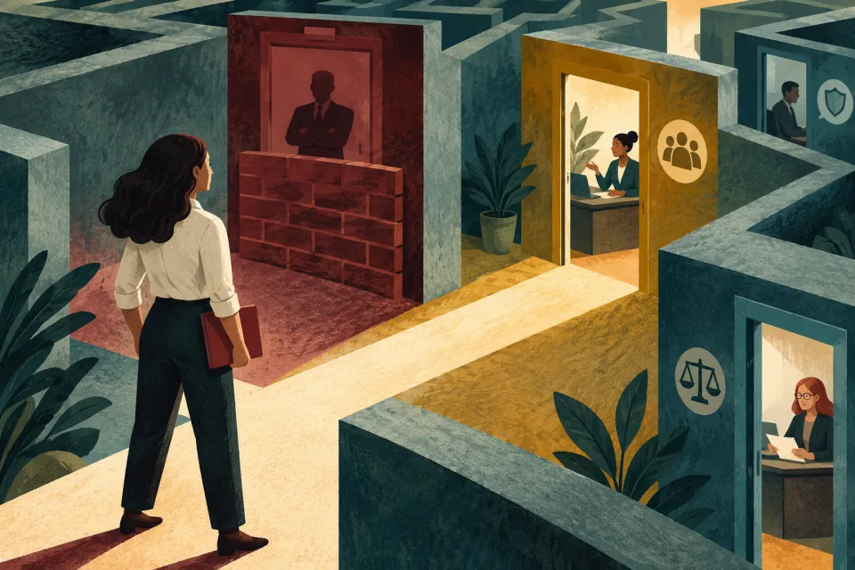 Editorial illustration: a worker finds an alternative reporting route through a workplace maze when the nearest management doorway feels blocked.