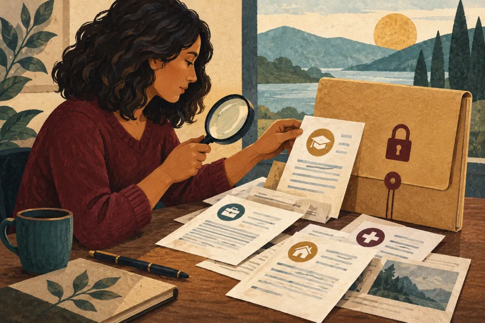 Editorial illustration: an applicant revisits a closed application folder with a magnifying glass and selects specific evidence for review.