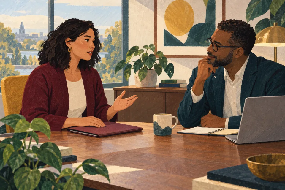 Editorial illustration: an employee discusses practical workplace adjustments with a manager while keeping a personal medical folder respectfully closed.
