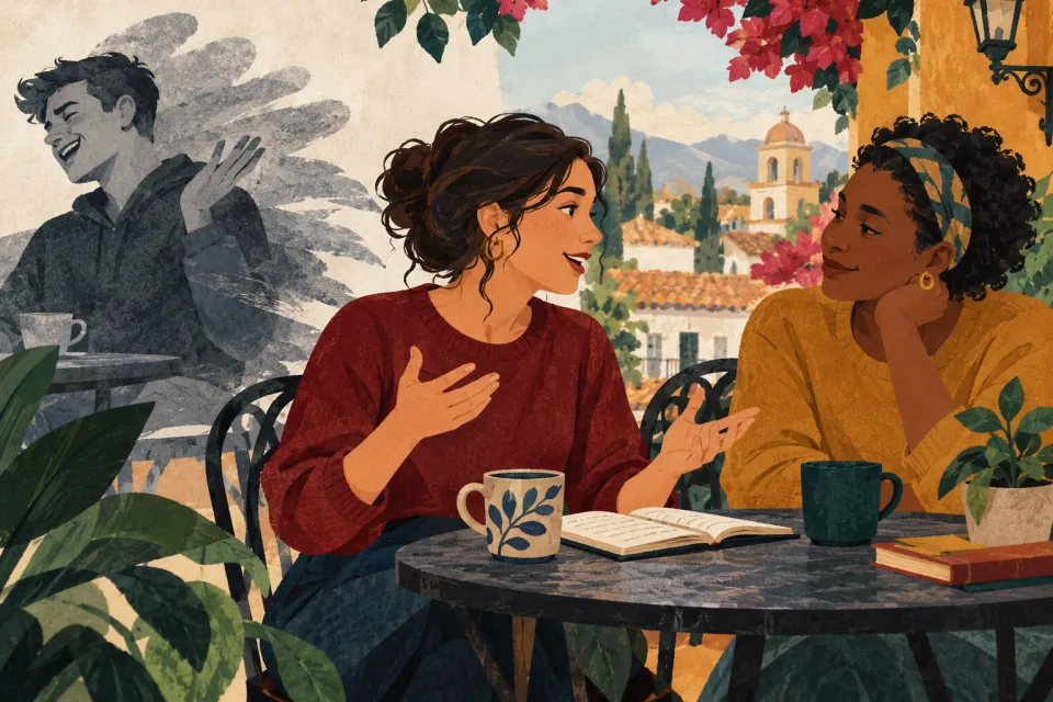 Editorial illustration: a supportive friend helps a Spanish learner continue speaking despite an unkind comment fading into the background.