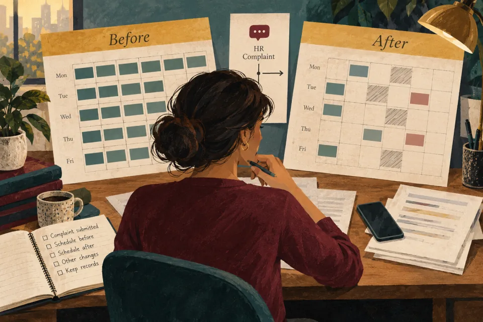 Editorial illustration: a worker compares two workplace schedules before and after a complaint, carefully documenting changes rather than jumping to conclusions.