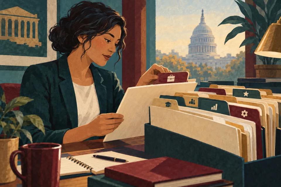 Editorial illustration: a federal employee selects the relevant personnel form from several carefully tabbed archival folders.