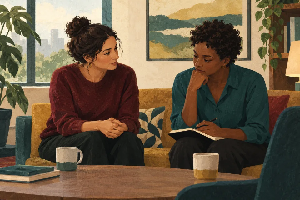 Editorial illustration: two coworkers sit side by side in a quiet room, one listening supportively while the other decides their next step.