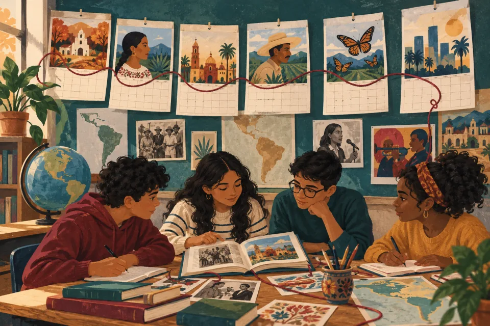 Editorial illustration: a classroom heritage-learning thread continues through multiple calendar pages and connects to everyday lesson materials.