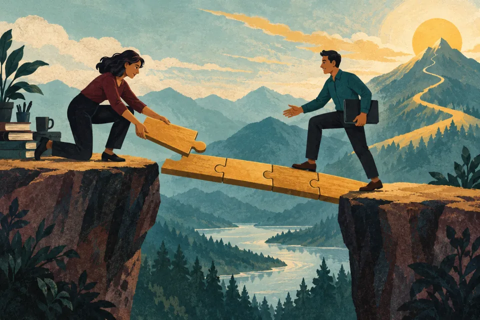 Editorial illustration: an essential team member builds a handover bridge of skills so a colleague can take over while they advance.