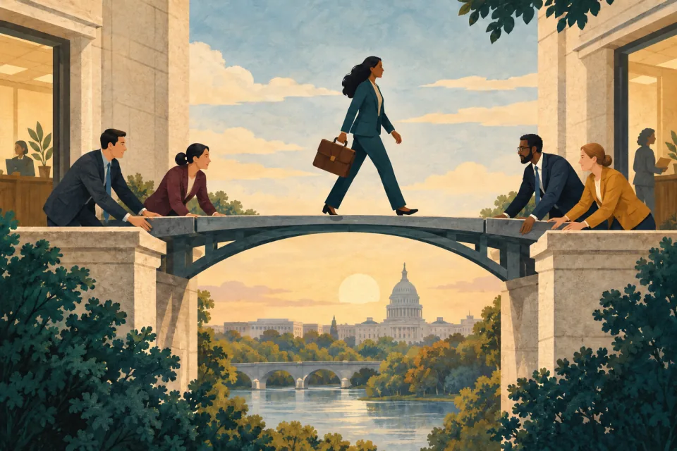 Editorial illustration: a professional crosses a supported bridge between two civic offices as coordinators carefully align both ends.
