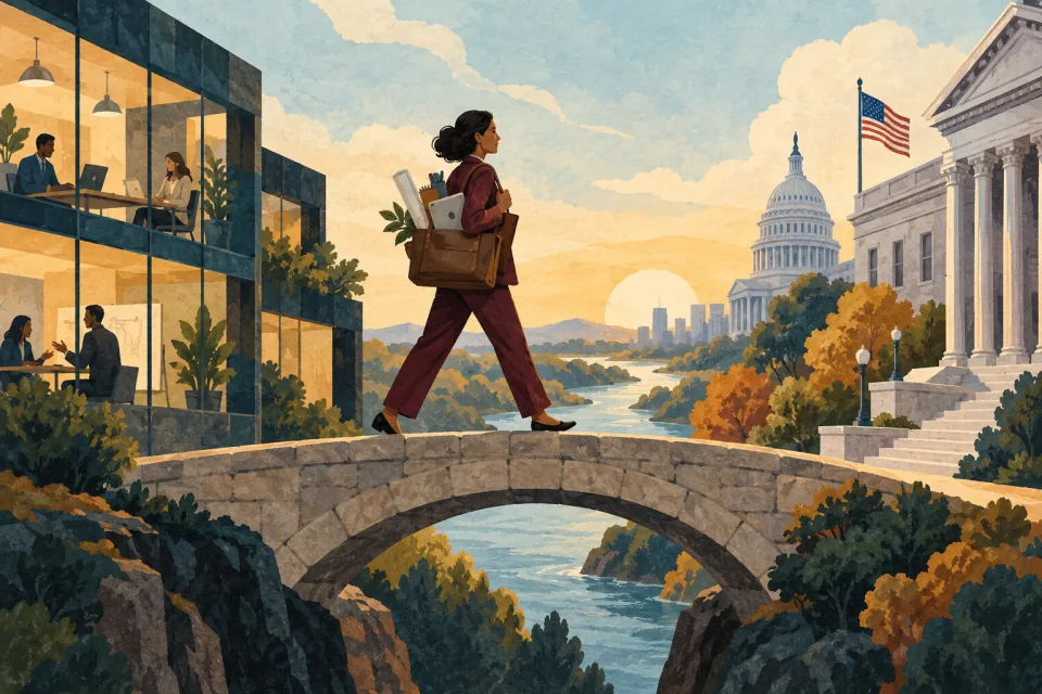 Editorial illustration: a worker carries familiar professional tools across a small bridge between a private business building and a civic office.