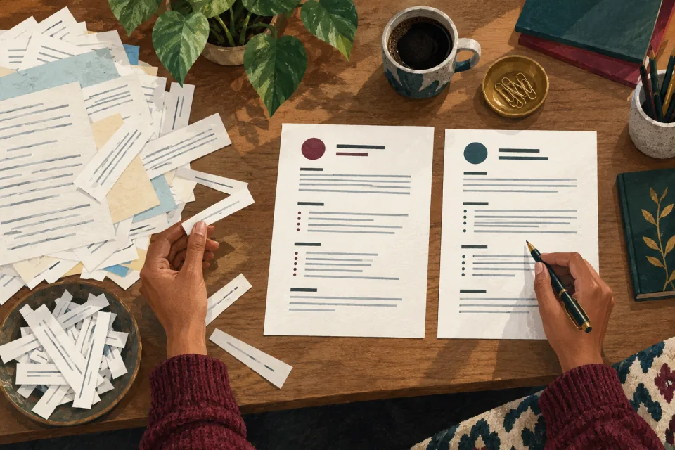 Editorial illustration: overhead view of hands reducing a messy stack of resume papers to two carefully organized pages.