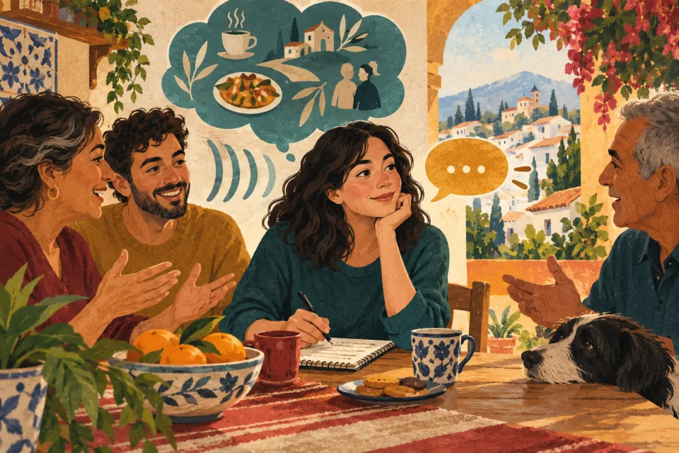 Editorial illustration: a learner understands a warm family conversation and gradually forms their own speech, with listening and speaking represented differently.