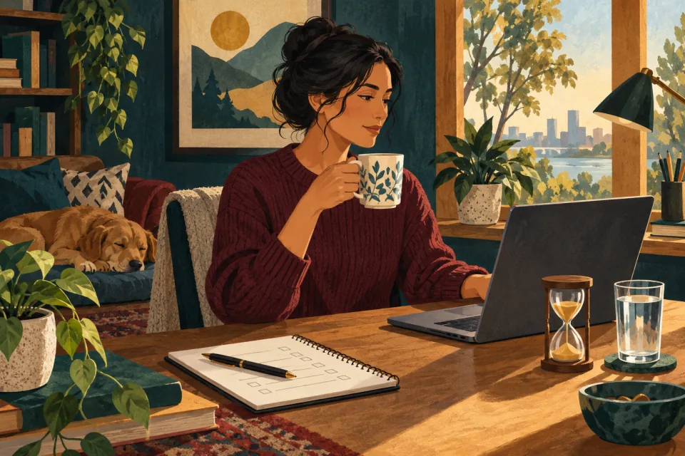 Editorial illustration: a candidate prepares a quiet computer workspace with a simple hourglass and water before an online assessment.