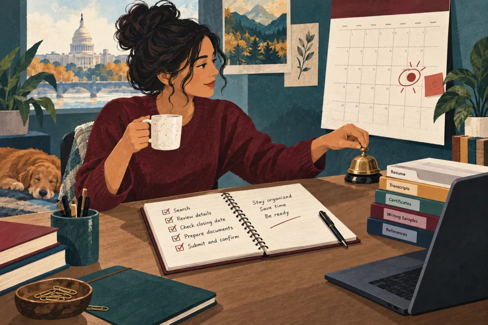 Editorial illustration: an applicant uses a small bell, calendar and organized job-search notebook to notice an early closing window.