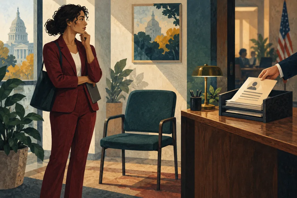 Editorial illustration: a resume folder has passed into an in-tray while its owner waits thoughtfully beside an empty interview chair.