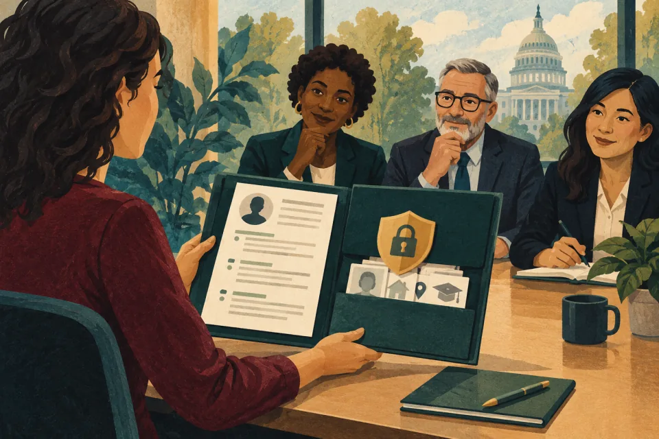 Editorial illustration: an applicant considers opening a portfolio folder toward a group of recruiters while keeping personal details protected.