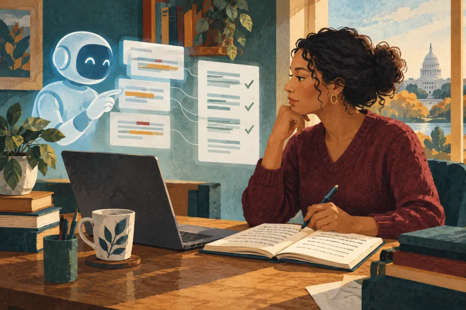 Editorial illustration: a person uses a softly glowing digital editing assistant while checking each suggested change against a real notebook of experience.