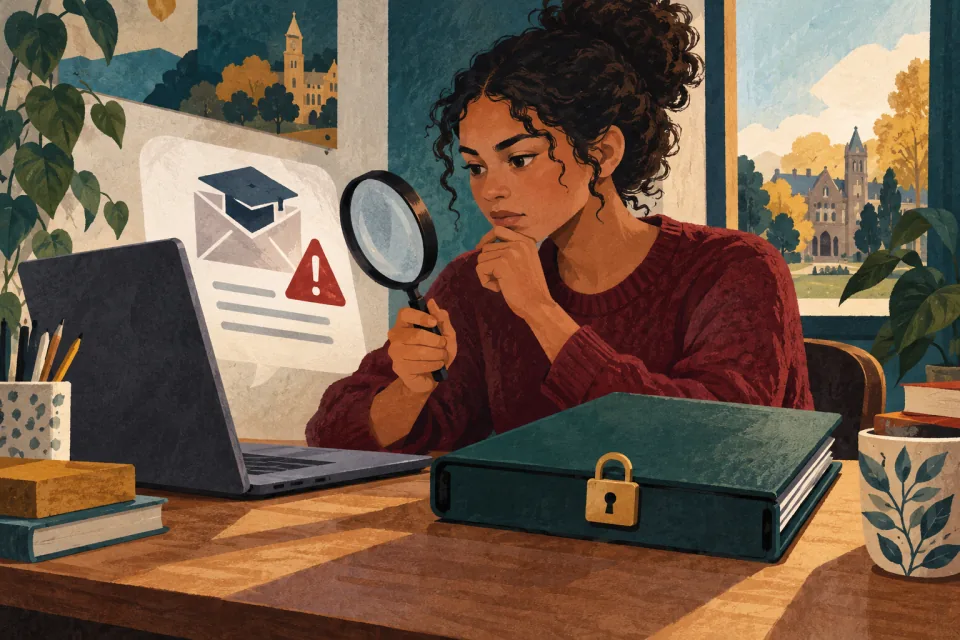 Editorial illustration: a student checks a suspicious scholarship message with a magnifying glass while protecting personal documents in a closed folder.