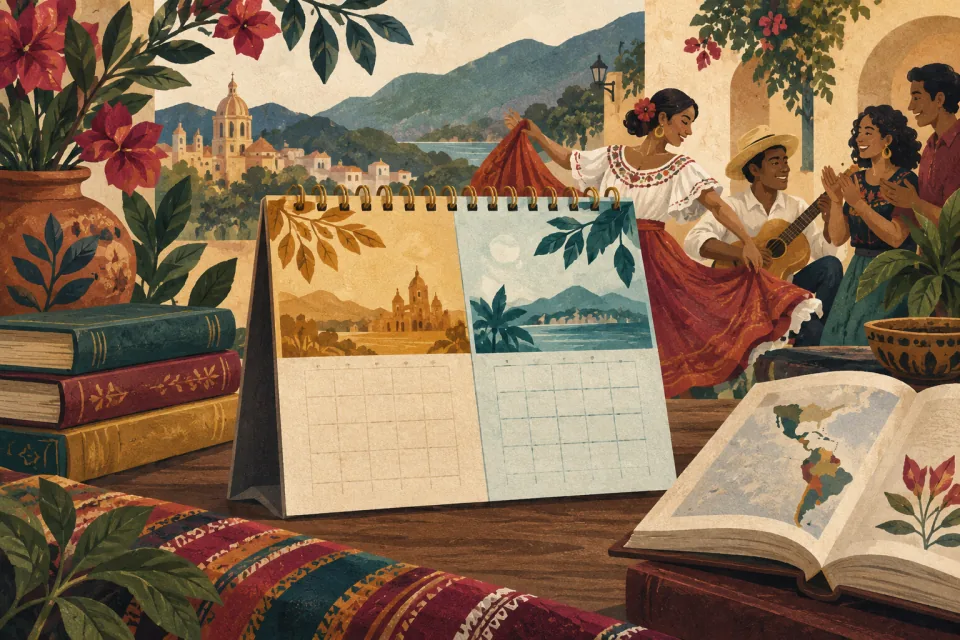Editorial illustration: a calendar page straddles the middle of two months beside books and a community heritage gathering, without printed dates or flags.