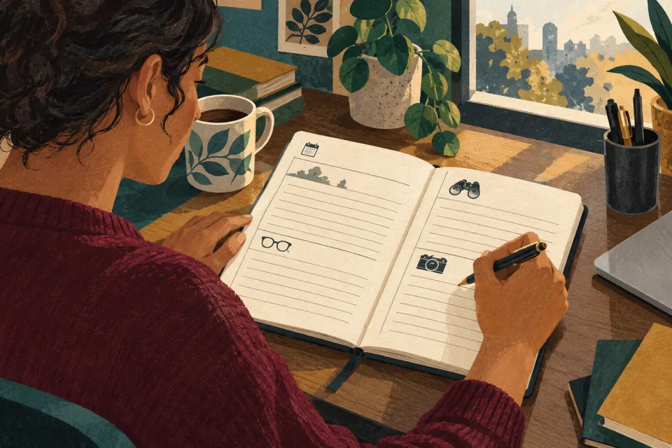 Editorial illustration: a worker writes a factual dated incident entry in a private notebook with separate spaces for observations and evidence.