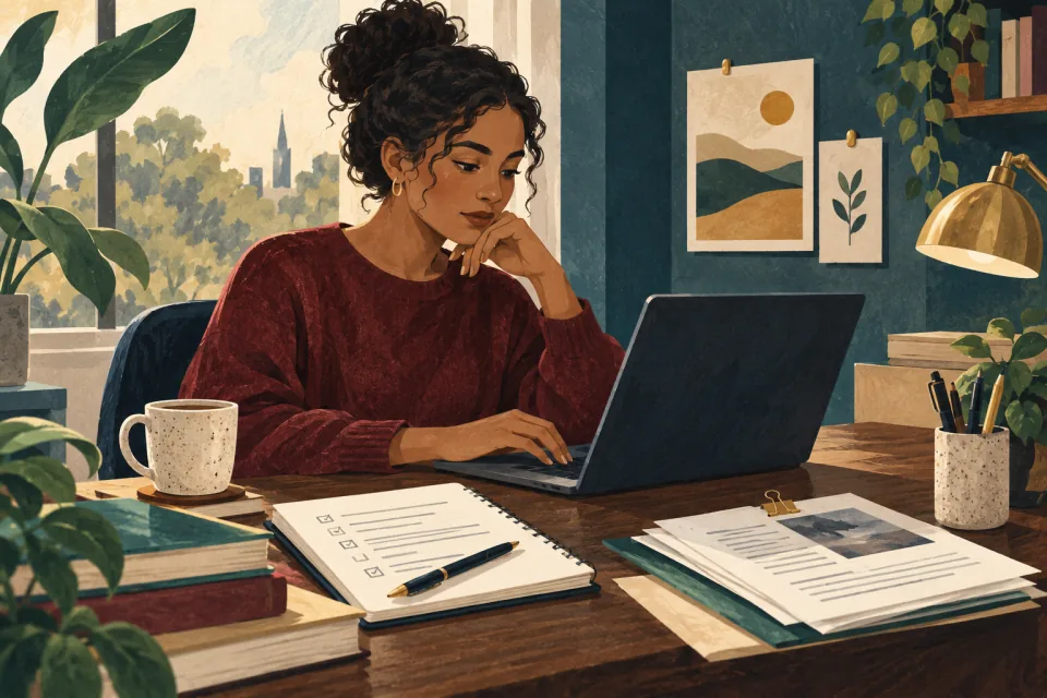 Editorial illustration: a worker carefully composes a clear complaint message at a laptop with organized evidence notes beside it.